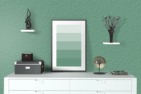Pretty Photo frame on Beauty Green color drawing room interior textured wall