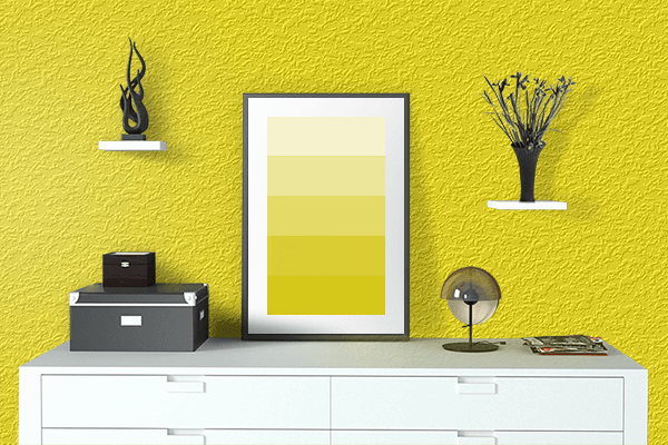 Pretty Photo frame on Middle Yellow color drawing room interior textured wall