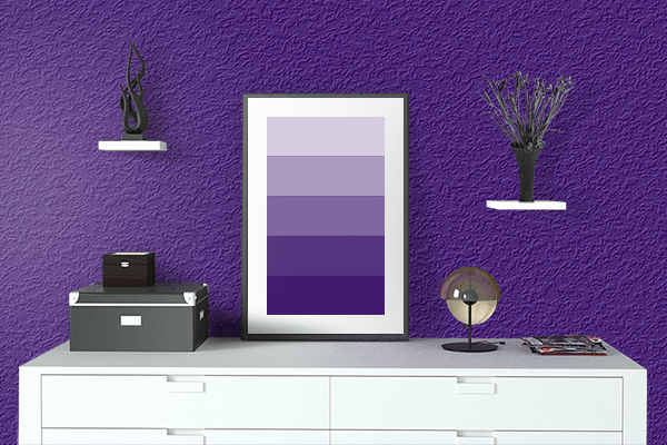 Pretty Photo frame on Cadbury Purple color drawing room interior textured wall
