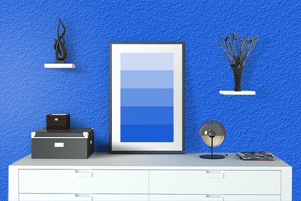 Pretty Photo frame on Nokia Blue color drawing room interior textured wall