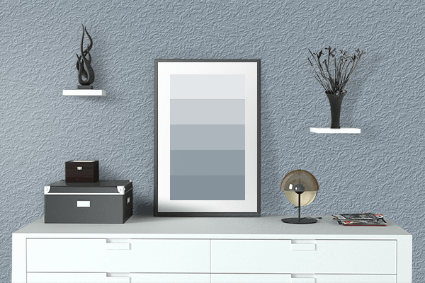 Pretty Photo frame on Cadet Gray color drawing room interior textured wall