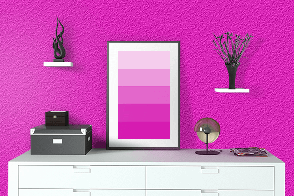 Pretty Photo frame on Bright Magenta color drawing room interior textured wall