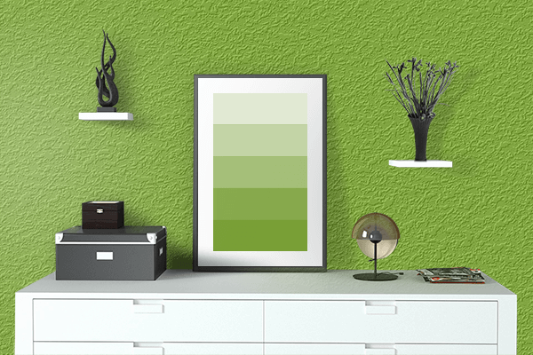 Pretty Photo frame on Radioactive Green color drawing room interior textured wall