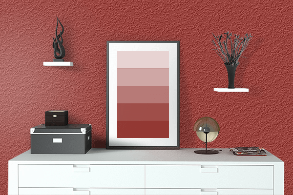 Pretty Photo frame on Flame Red color drawing room interior textured wall