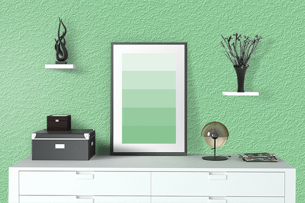 Pretty Photo frame on Fresh Mint color drawing room interior textured wall