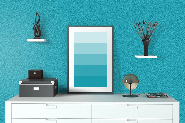 Pretty Photo frame on Turquoise Blue (Ferrario) color drawing room interior textured wall