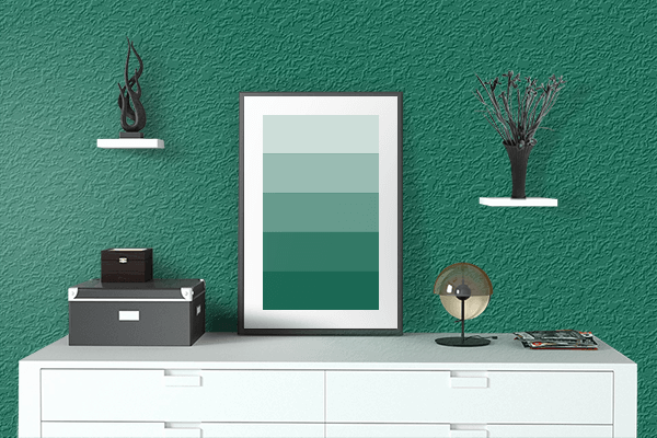 Pretty Photo frame on Bottle Green color drawing room interior textured wall