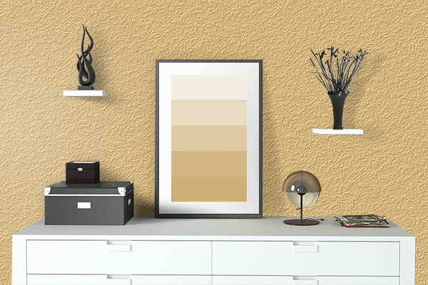 Pretty Photo frame on Soft Orange color drawing room interior textured wall