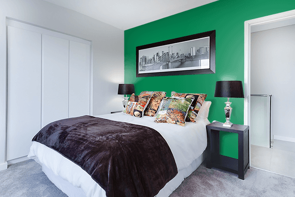 Pretty Photo frame on Traffic Green color Bedroom interior wall color