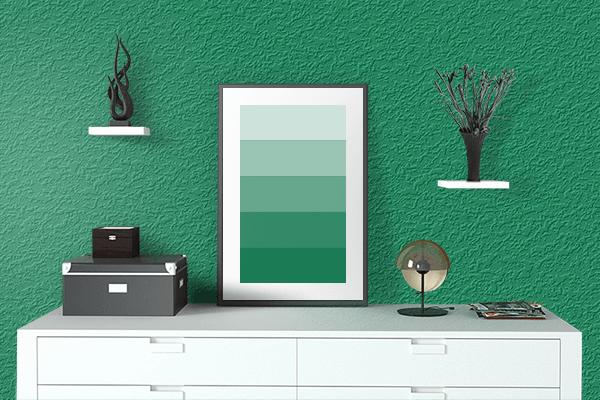 Pretty Photo frame on Traffic Green color drawing room interior textured wall