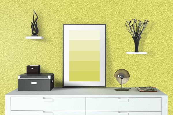 Pretty Photo frame on Laser Lemon color drawing room interior textured wall
