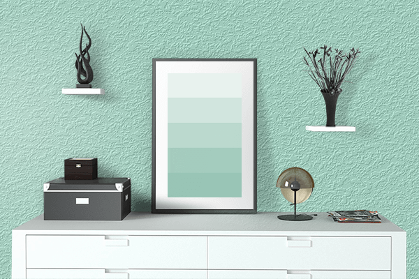 Pretty Photo frame on Pale Aquamarine color drawing room interior textured wall