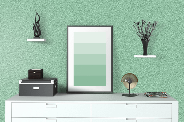 Pretty Photo frame on Pastel Mint color drawing room interior textured wall