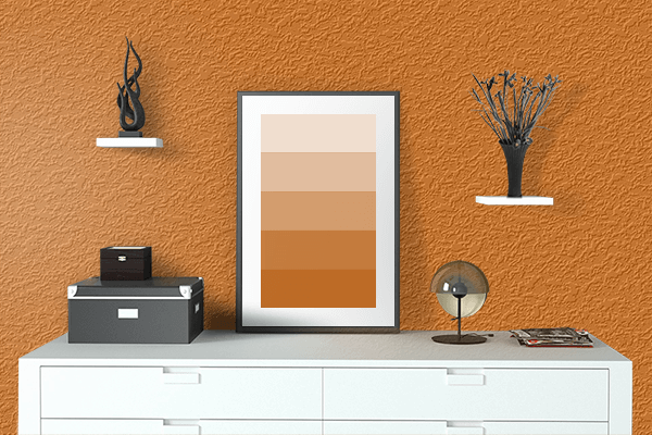 Pretty Photo frame on Deep Orange color drawing room interior textured wall