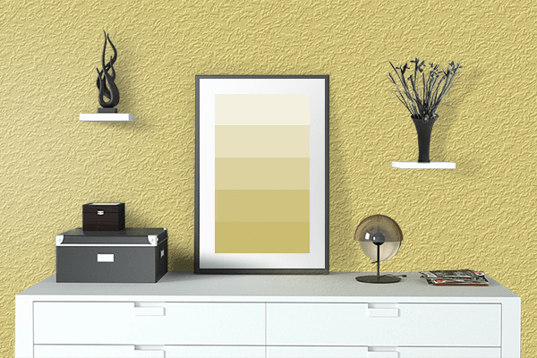 Pretty Photo frame on Yellow Cream color drawing room interior textured wall