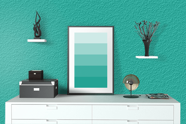 Pretty Photo frame on Blue-green color drawing room interior textured wall