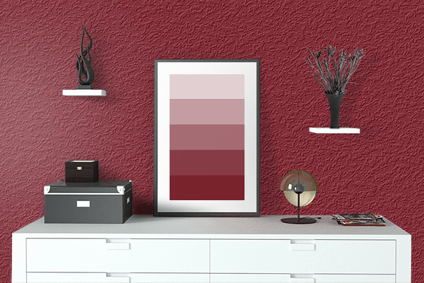 Pretty Photo frame on Devil Red color drawing room interior textured wall