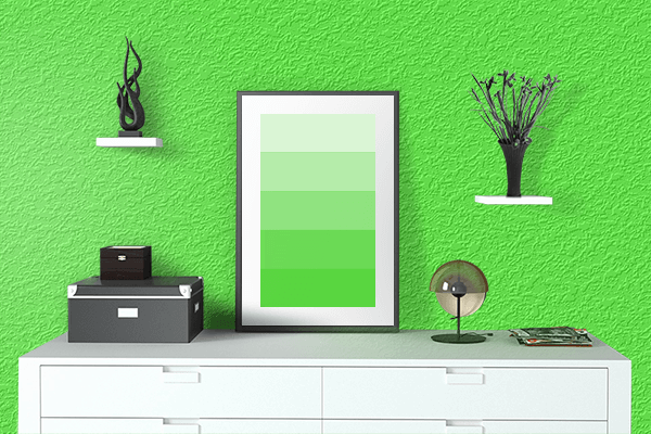 Pretty Photo frame on Shocking Green color drawing room interior textured wall