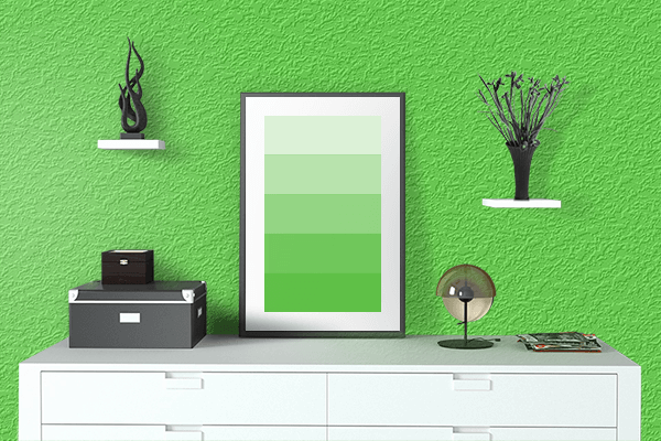 Pretty Photo frame on Highlighter Green color drawing room interior textured wall