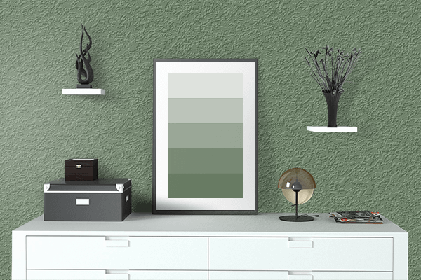 Pretty Photo frame on Zombie Green color drawing room interior textured wall