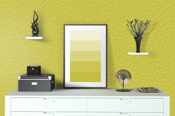 Pretty Photo frame on Sulfur Yellow color drawing room interior textured wall