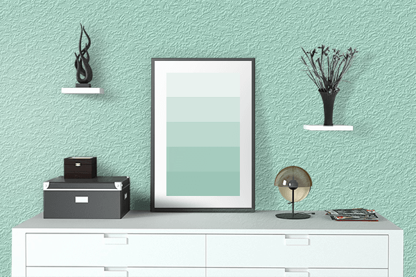 Pretty Photo frame on Pastel Aquamarine color drawing room interior textured wall