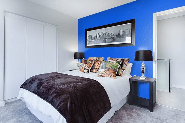 Pretty Photo frame on Glossy Blue color Bedroom interior wall color