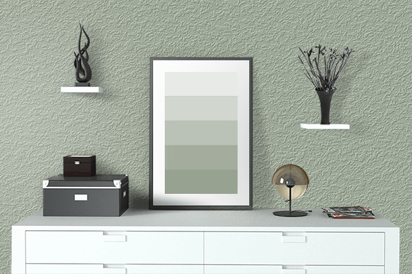 Pretty Photo frame on Neutral Green color drawing room interior textured wall