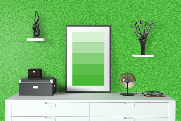 Pretty Photo frame on Glossy Green color drawing room interior textured wall