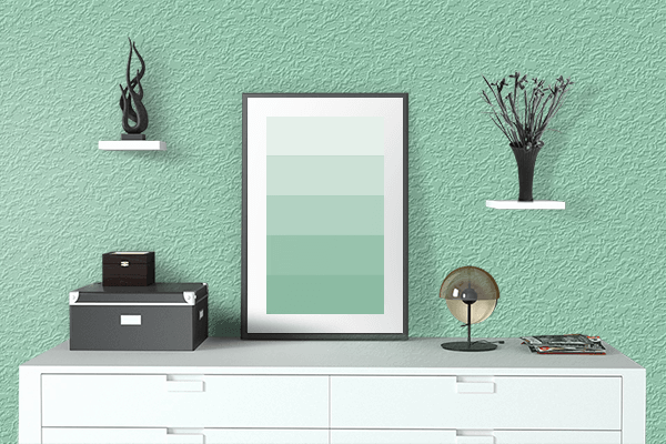 Pretty Photo frame on Pale Mint color drawing room interior textured wall