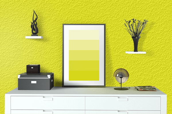 Pretty Photo frame on Yellow color drawing room interior textured wall