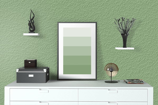 Pretty Photo frame on Green Calm color drawing room interior textured wall