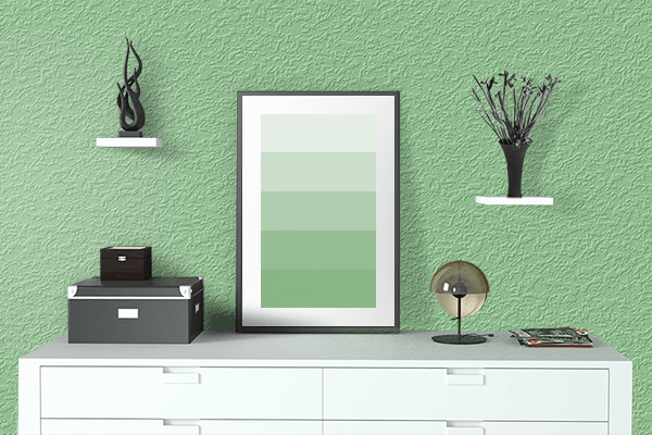 Pretty Photo frame on Muted Green color drawing room interior textured wall