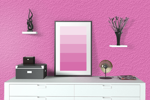 Pretty Photo frame on Fluorescent Pink color drawing room interior textured wall