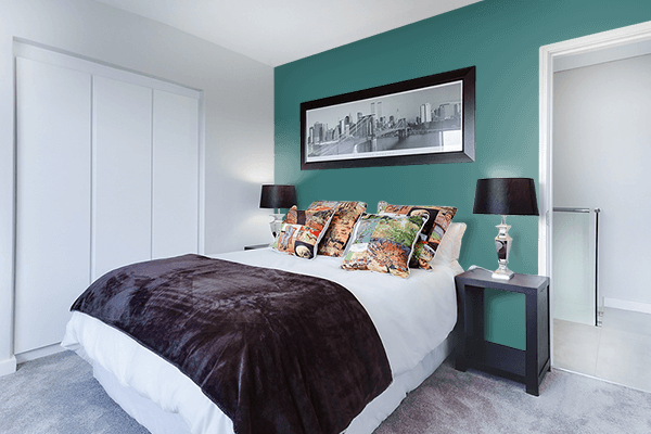 Pretty Photo frame on Matte Teal color Bedroom interior wall color