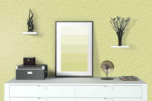 Pretty Photo frame on Pale Yellow color drawing room interior textured wall