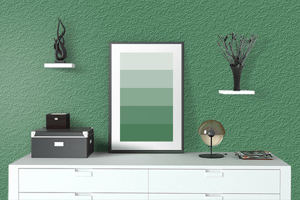 Pretty Photo frame on Rustic Green color drawing room interior textured wall