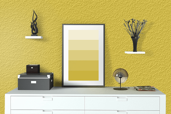 Pretty Photo frame on Aesthetic Yellow color drawing room interior textured wall
