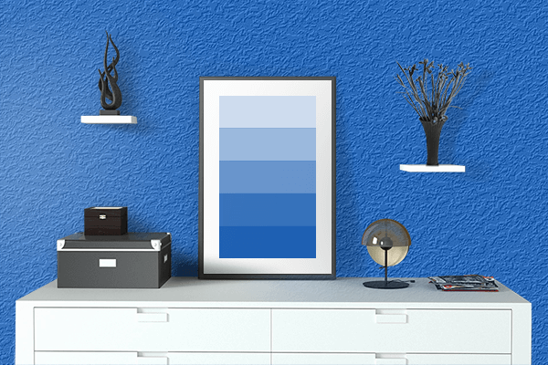 Pretty Photo frame on Perfect Blue color drawing room interior textured wall