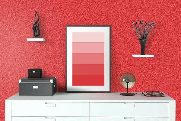 Pretty Photo frame on Vibrant Red color drawing room interior textured wall