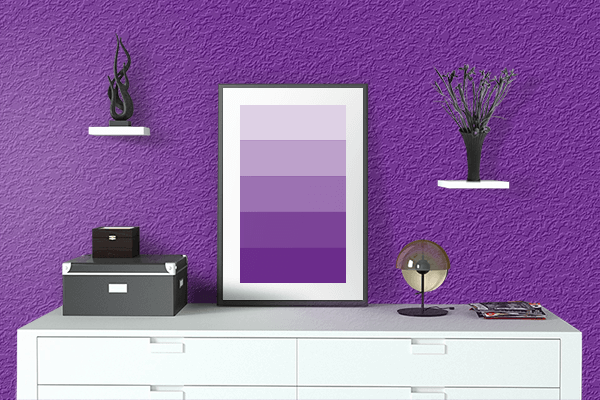 Pretty Photo frame on Rich Purple color drawing room interior textured wall