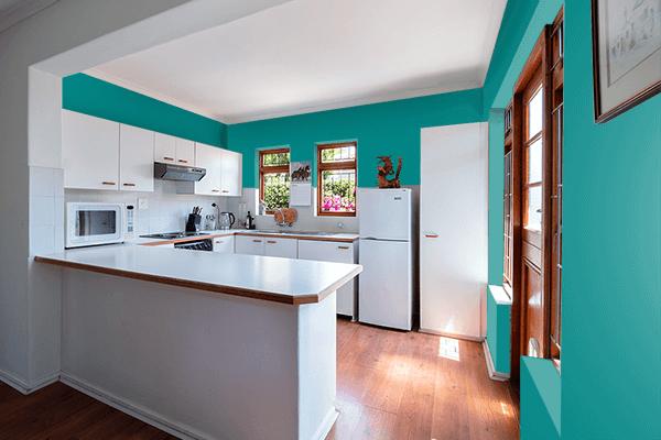 Pretty Photo frame on Deep Cyan color kitchen interior wall color