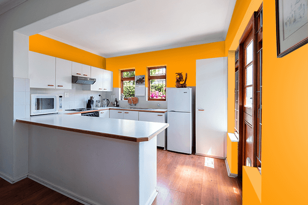 Pretty Photo frame on Vivid Gamboge color kitchen interior wall color