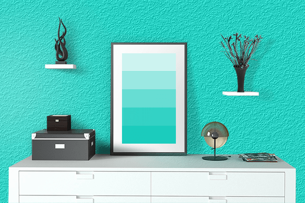 Pretty Photo frame on Neon Blue-Green color drawing room interior textured wall