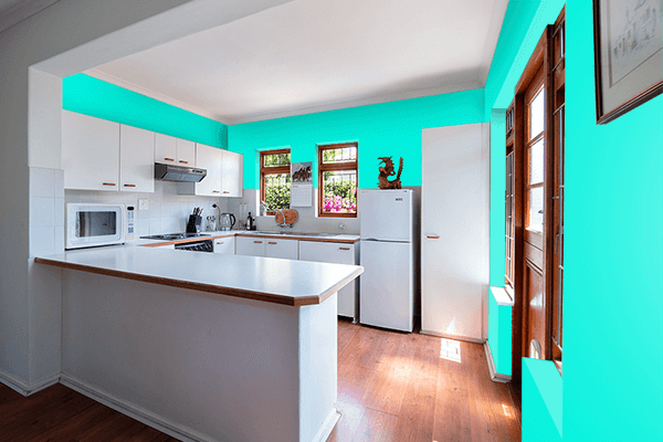 Pretty Photo frame on Neon Blue-Green color kitchen interior wall color