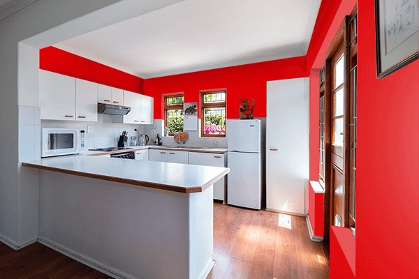 Pretty Photo frame on Glossy Red color kitchen interior wall color