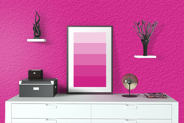 Pretty Photo frame on Vivid Pink color drawing room interior textured wall