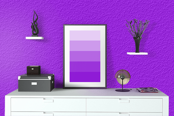 Pretty Photo frame on Vivid Violet color drawing room interior textured wall