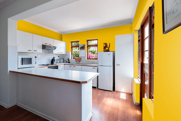 Pretty Photo frame on Traffic Yellow (RAL) color kitchen interior wall color