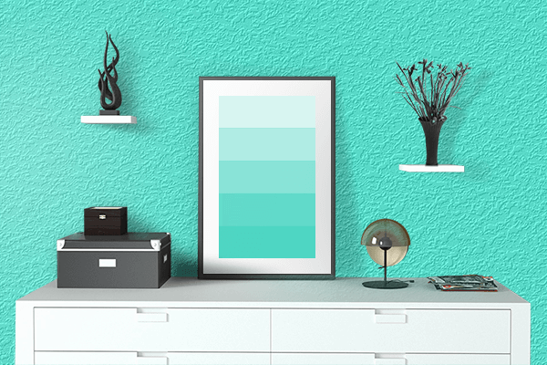 Pretty Photo frame on Vibrant Turquoise color drawing room interior textured wall